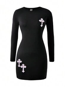 SHEIN Tween Girl Patch Cross Punk Gothic Style Long Sleeve Knit Dress