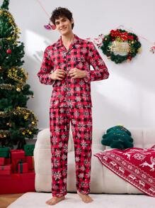 Men's Plaid Print Button-Up Long Sleeve Top And Pants Sleepwear Set - Black - View 6