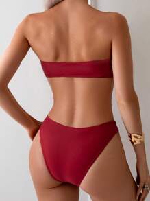 Swim Basics 2pcs Women Solid Color V-Neck Bralette & Briefs Set Summer