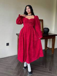 SHEIN Clasi 大码优雅红酒中长连衣裙，高腰，灯笼袖，纽扣细节，褶皱领和厚灯芯绒面料，适合秋冬季派对、会议、约会 - 酒紅色 - 查看 7