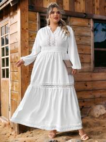 SHEIN CURVE+ 曲线加大码深 V 领纯色荷叶边下摆长袖连衣裙 - 白色 - 查看 5