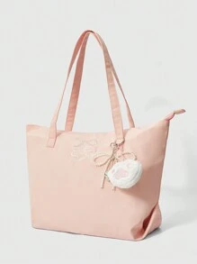 ROMWE Kawaii Butterfly Embroidery Pattern 84225 Large Capacity Shoulder Bag, Fashionable Nylon Tote Bag - Pink - View 4