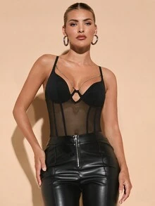 SHEIN BAE Women's Summer Solid Color Mesh Contrast Hollow-Out Sexy Bodysuit - Black - View 3