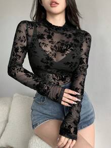 DAZY 女式花卉印花透明长袖衬衫外出上衣，秋季服装 - 黑色 - 查看 6