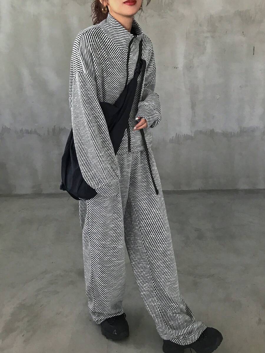 FRIFUL 2pcs Women's Striped Loose Drop Shoulder High Collar Zip Jacket And Drawstring Waist Casual Long Pants Set - Grey - View 1