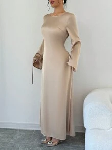 Rafferiza 性感腰部收紧圆领长袖修身连衣裙长款缎面女式服装 - 杏色 - 查看 4