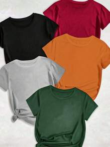 Calvaya Camiseta de manga corta de cuello redondo minimalista en tallas grandes, top básico para verano, otoño e invierno - Multicolor - Ver 1