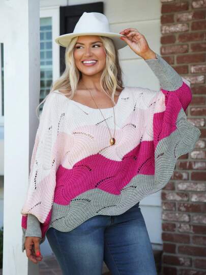 SHEIN LUNE Plus Size Women Hot Pink Patchwork Cut Out Open Shoulder Lantern Sleeve Long Sleeve Sweater, Autumn