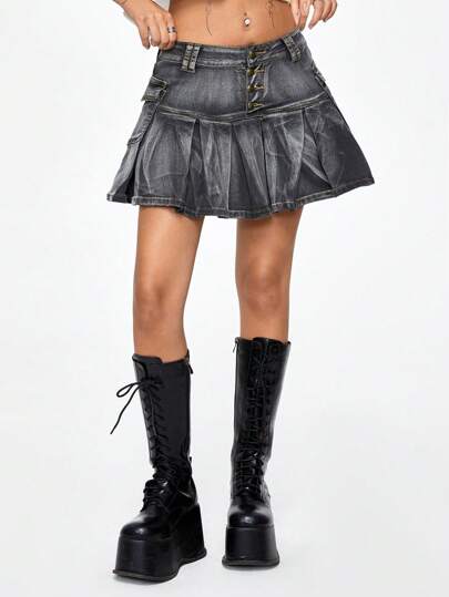 J-Fashion Vintage lässiger Damen Denim Rock mit hoher Taille und Falten