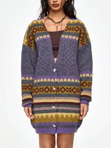ROMWE Hippie Áo khoác cardigan dài tay cài nút phía trước cho nữ, mặc hàng ngày - Nhiều màu - Xem 2