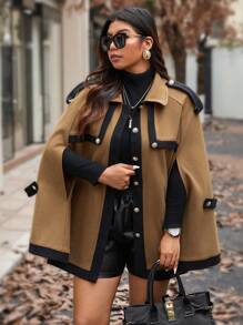 Elenzga Plus Size Women Winter Color Block Raglan Sleeve Woolen Cloak Elegant Jacket Fall Cloth For Women Autumn - Brown - View 6