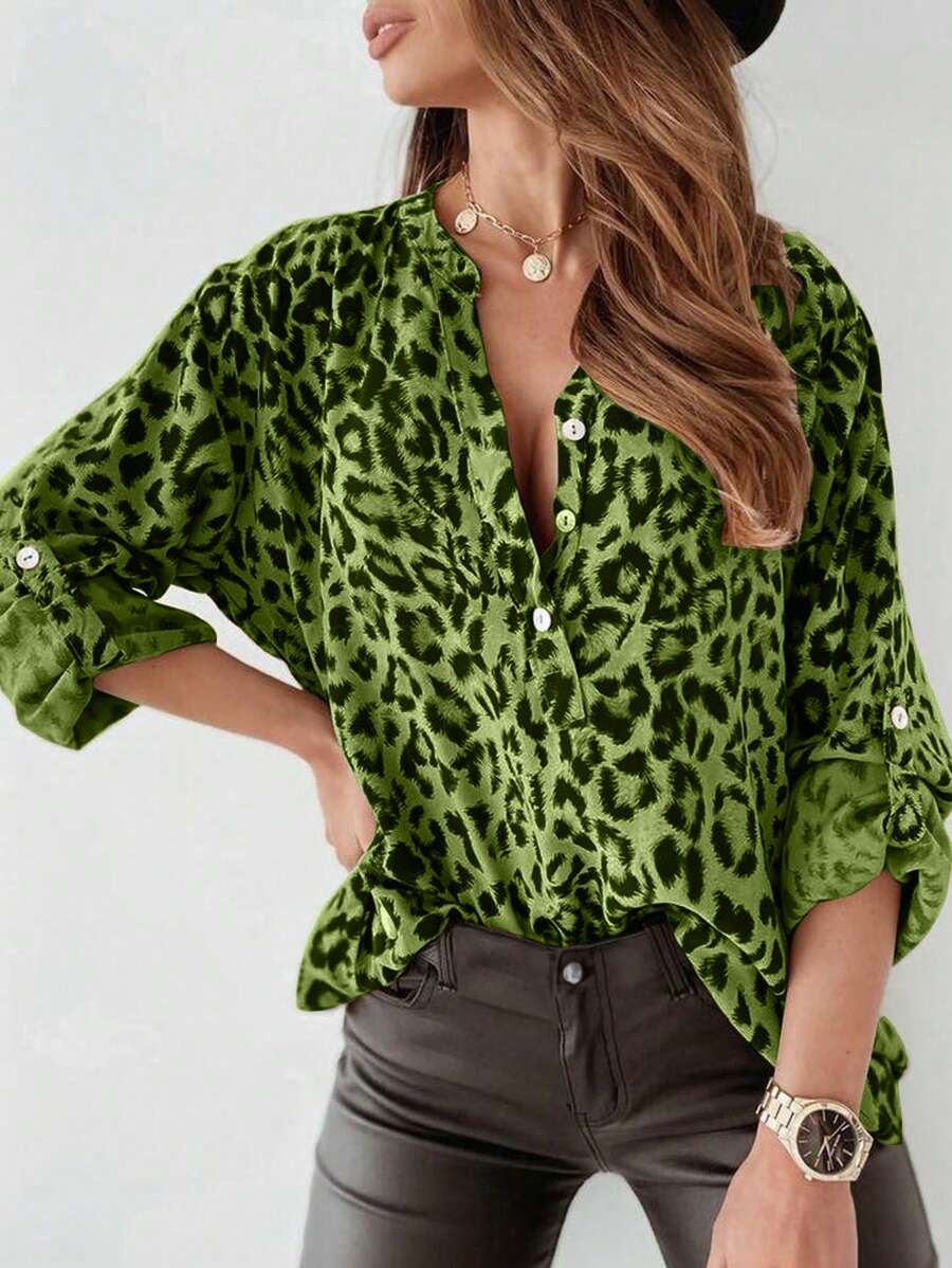 INAWLY Women's Spring & Autumn Loose Leopard Print Ruffle Sleeve Casual Shirt - Green - View 1
