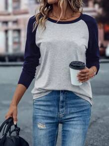 SHEIN LUNE Áo thun nữ dài tay cổ tròn phối màu đơn giản, phong cách thường ngày, thích hợp cho mùa xuân và thu. - Màu xanh hải quân - Xem 6