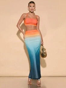 SHEIN BAE 女式渐变色细肩带短款上衣和渐变色高腰荷叶边下摆铅笔裙两件套，夏季海滩/休闲装