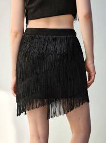 Maija Minifalda de mujer en color negro con adorno de perlas falsas y flecos en el bajo, de estilo de moda para otoño - Negro - Ver 7