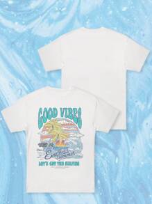 SHEIN EZwear Áo thun cổ tròn tay ngắn dáng rộng thoải mái họa tiết hoàng hôn mùa hè dành cho nữ, phù hợp cho mùa hè - trắng - Xem 8