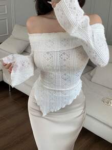 Modelyn Women's Spring & Fall Off-Shoulder Long Sleeve Asymmetric Hem Form-Fitting Elegant T-Shirt - White - View 6