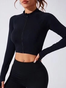 SHEIN Sports Áo khoác thể thao nữ bó sát màu đen có khóa kéo, không đường may - màu đen - Xem 2