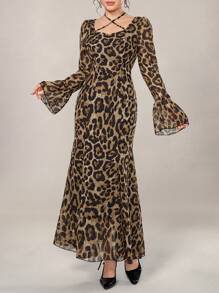 Modelyn Women's Long Sleeve Halter Leopard Print Dress, Casual Daily Wear Maxi Women Outfit Long Evening Dresses Fall Cloth For Women - Brown - View 2