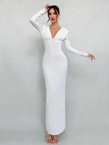 Aloruh 女士秋冬派对深 V 领褶饰闪亮长袖修身连衣裙 - 白色 - 查看 3