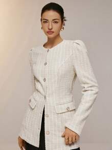 Poéselle Áo khoác dệt kim dài tay màu be vải tuýt phong cách sang trọng dành cho nữ, có lót, thanh lịch và quyến rũ, thiết kế xẻ gấu, hai túi bên, quần áo mùa thu cho nữ, áo khoác tuýt, phù hợp cho những dịp trang trọng trong công việc, những dịp đi chơi, quần áo dự tiệc cho nữ - Màu be - Xem 3