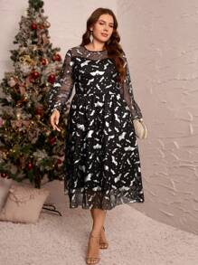 SHEIN Clasi Plus Size Women's Vintage Gothic Fashion Bat Allover Print Mesh Dress,Fall Halloween Clothes,Shiny Suitable For Party & Daily Wear Back To School Fall Wedding Guest
