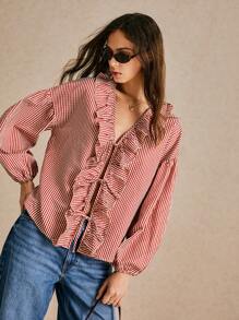 Poéselle 24款新款荷叶边系带上衣、条纹长袖衬衫、休闲女式上衣、秋季女式上衣、红色女式上衣、万圣节女式衬衫 - 紅色 - 查看 3