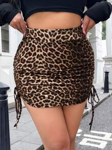 SHEIN EZwear 大码、节日、派对、秋季女装、秋季女装、优雅、叠穿、豹纹褶皱抽绳腰迷你裙 - 彩色 - 查看 6