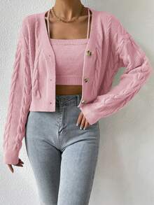 SHEIN Unity Bộ 2 áo len cardigan dài tay trễ vai màu trơn thời trang thu đông cho nữ và áo hai dây - Hồng - Xem 6