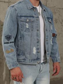 Manfinity Homme Plus Size Men's Spring/Autumn Basic Letter Print Distressed Long Sleeve Casual Denim Jacket, For Husband, Work - Light Wash - View 5