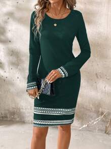 SHEIN Clasi Dames Lente & Herfst Ronde Hals Elegante Colorblock Geometrische Lange Mouw Jurk