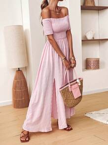 SHEIN VCAY 女士度假纯色宽松露肩短袖开衩下摆连衣裙 - 粉色 - 查看 5