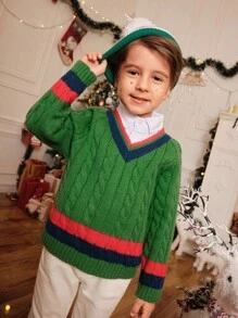 Young Boys Casual V-Neck Striped Patchwork Knitted Long Sleeve Sweater - Green - View 4