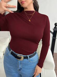 SHEIN Frenchy Camiseta slim fit con cuello de pico y fruncido para tallas grandes - Burdeos - Ver 3