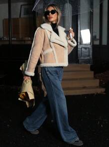 Aveloria 女士新款蓬松内衬摩托车夹克宽松休闲加厚风衣学院风短外套