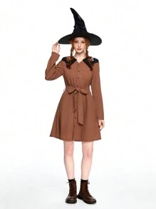 ROMWE Fairycore 万圣节林地南瓜和蝙蝠刺绣荷叶边领连衣裙