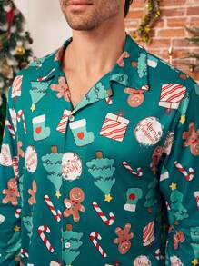 SHEIN 2pcs Men's Green All-Over Christmas Themed Print Loungewear Set, Long Sleeve Cardigan And Relaxed Pants, Comfortable
