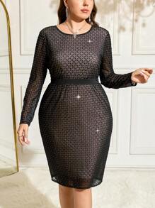 SHEIN Clasi Plaid Print Rhinestone Net Dress For Plus Size Women, Elegant Party Wear, Autumn/Winter - Multicolor - View 3