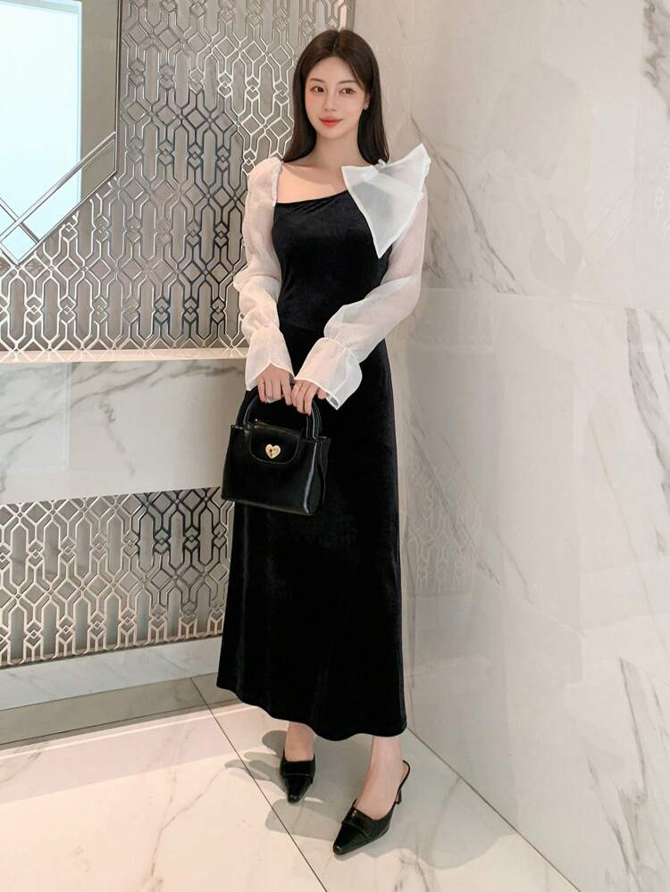 Women Spring Autumn Colorblock Flare Sleeve Elegant Dress
