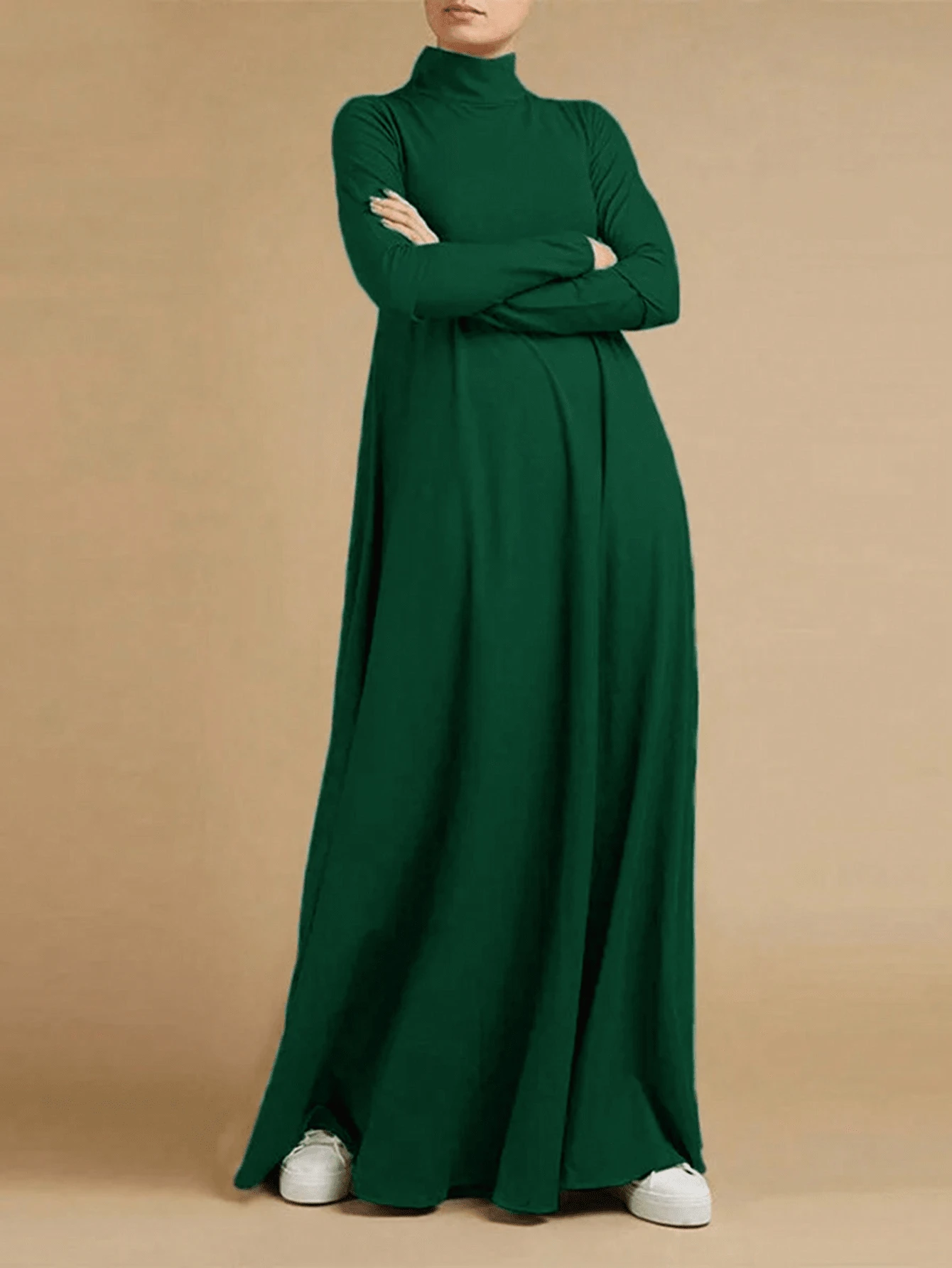 Women's Solid Color Elegant Long Dress, High Neck Long Sleeved Design, Middle Eastern Dress, Party Dress - 墨綠色 - 查看 1