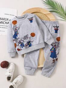 2pcs/Set Young Boys Funny Cartoon Animal & Basketball Graphic Print Sweatshirt & Sweatpants Outfit, Cute Combo Design, Sporty Style, Suitable For Spring, Autumn & Winter Wear - Light Grey - View 1