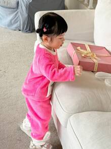 2pcs Baby Girl Crew Neck Long Sleeve Cute Animal Print Sweatshirt And Casual Fleece Pants Set - Pink - View 4