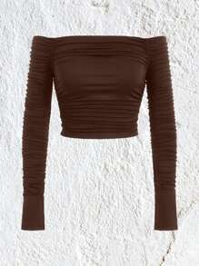 SHEIN EZwear 女士 Y2K 露肩长袖短款上衣紧身褶皱短款衬衫露背外出时尚 T 恤 - 棕色 - 查看 3