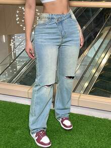 Women's Asymmetrical Waistband Distressed Denim Jeans - Light Wash - View 5