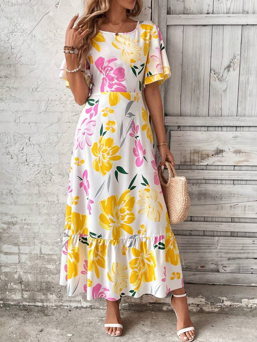 Breezaya Women's French Style Floral Print Ruffle Sleeve Round Neck Dress Maxi Vacation Beach Outfit - Multicolor - View 1
