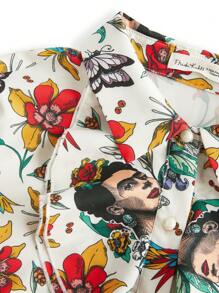 Frida Kahlo X SHEIN Women's Elegant Floral Print Ruffle Trim White Long Sleeve Top ,Fall Vintage Button Up Shirt - Multicolor - View 7
