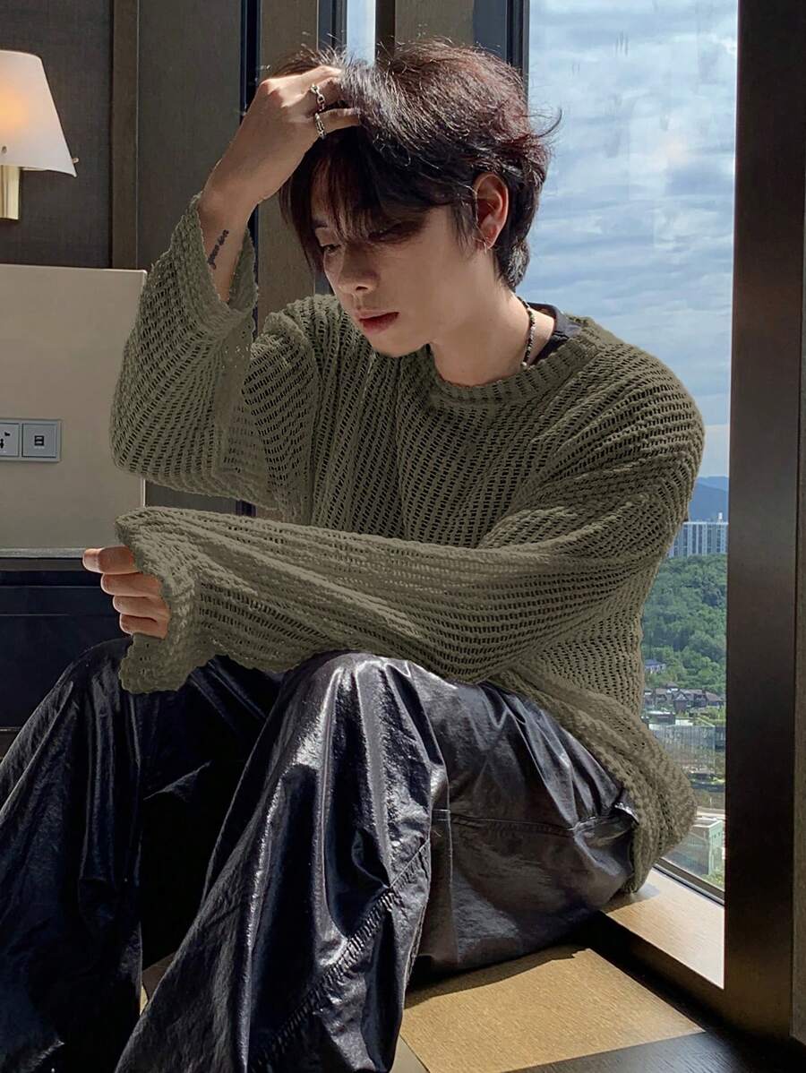 DAZY Men's Solid Color Hollow Out Round Neck Long Sleeve Sweater