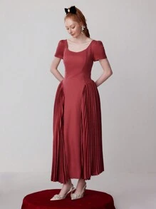 SHEIN Belle 女士素色簡約日常短袖晚禮服（厚款） - 紅色 - 查看 6