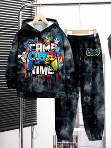 SHEIN Tween Boys 2 件套 - 休闲简约视频游戏印花宽松长袖连帽衫，适合秋冬季