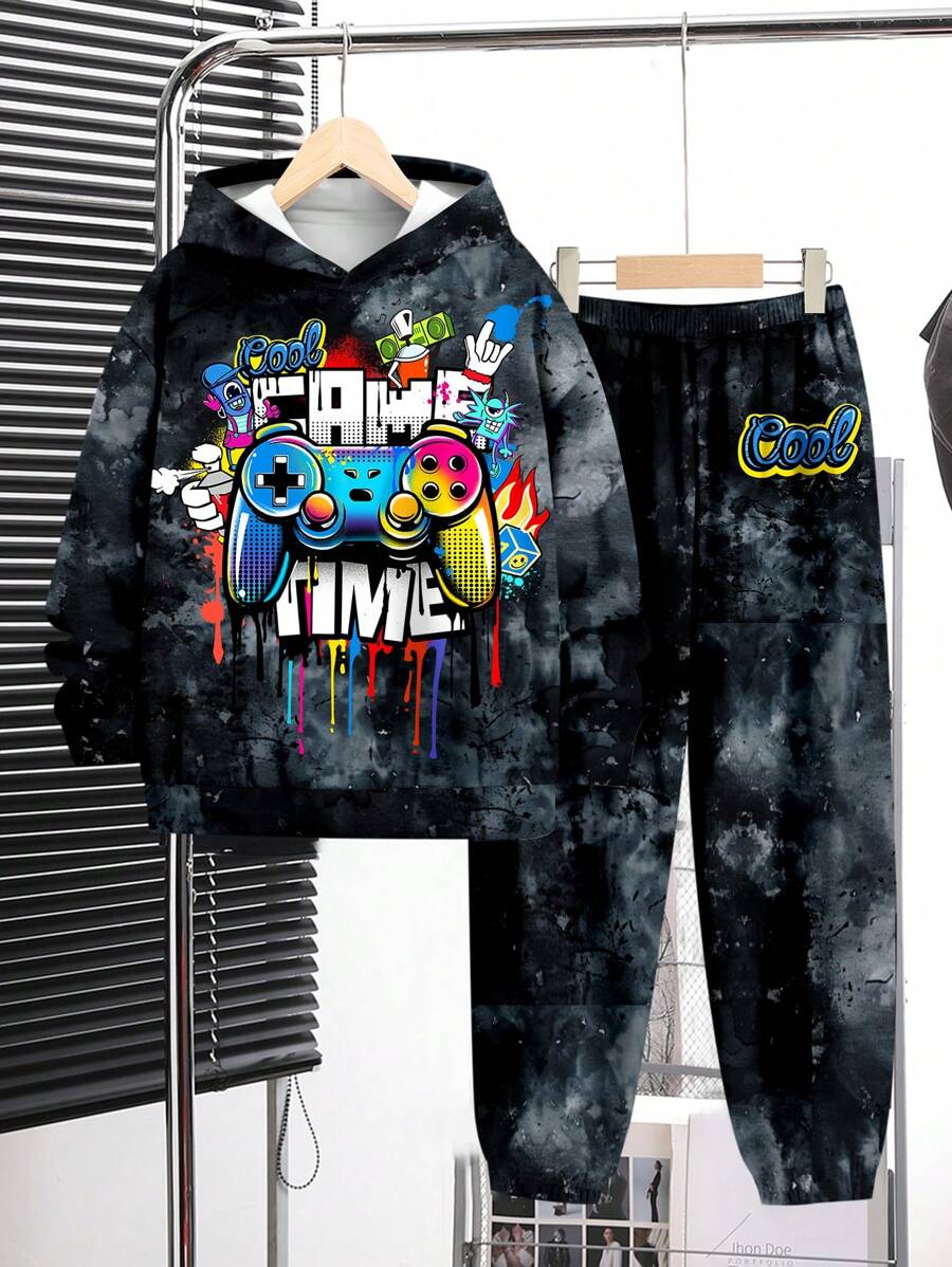 SHEIN Tween Boys 2 件套 - 休闲简约视频游戏印花宽松长袖连帽衫，适合秋冬季